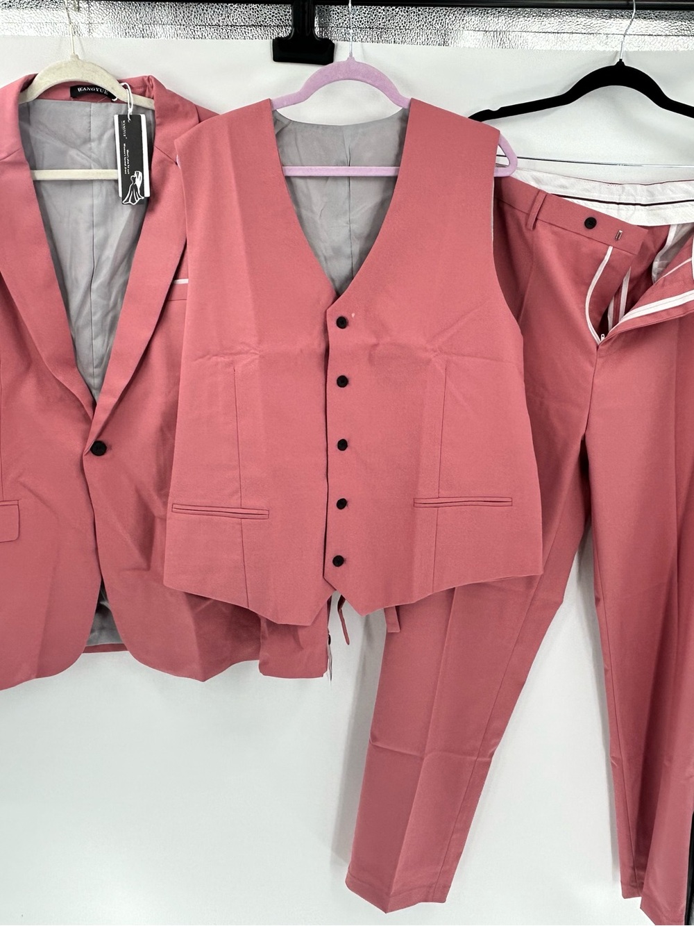 Men Pink Three-Piece Suit: Vest, Jacket & Pants